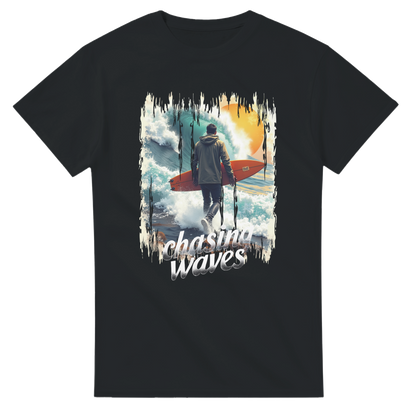Black t-shirt with a graphic of a person with a surfboard and 'Chasing Waves' text on a white background