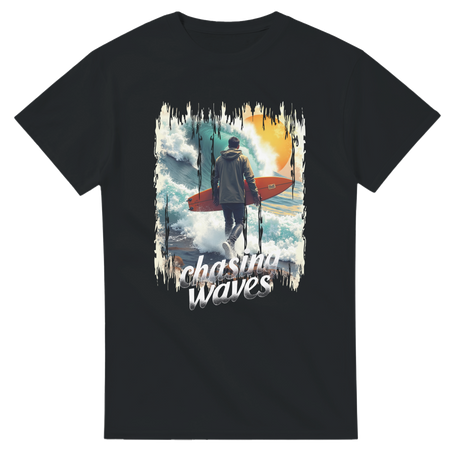 Black t-shirt with a graphic of a person with a surfboard and 'Chasing Waves' text on a white background