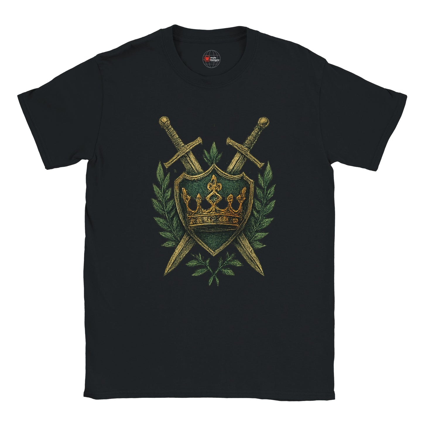 Black t-shirt with a gold and green emblem featuring swords and a crown on a white background