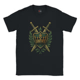 Black t-shirt with a gold and green emblem featuring swords and a crown on a white background