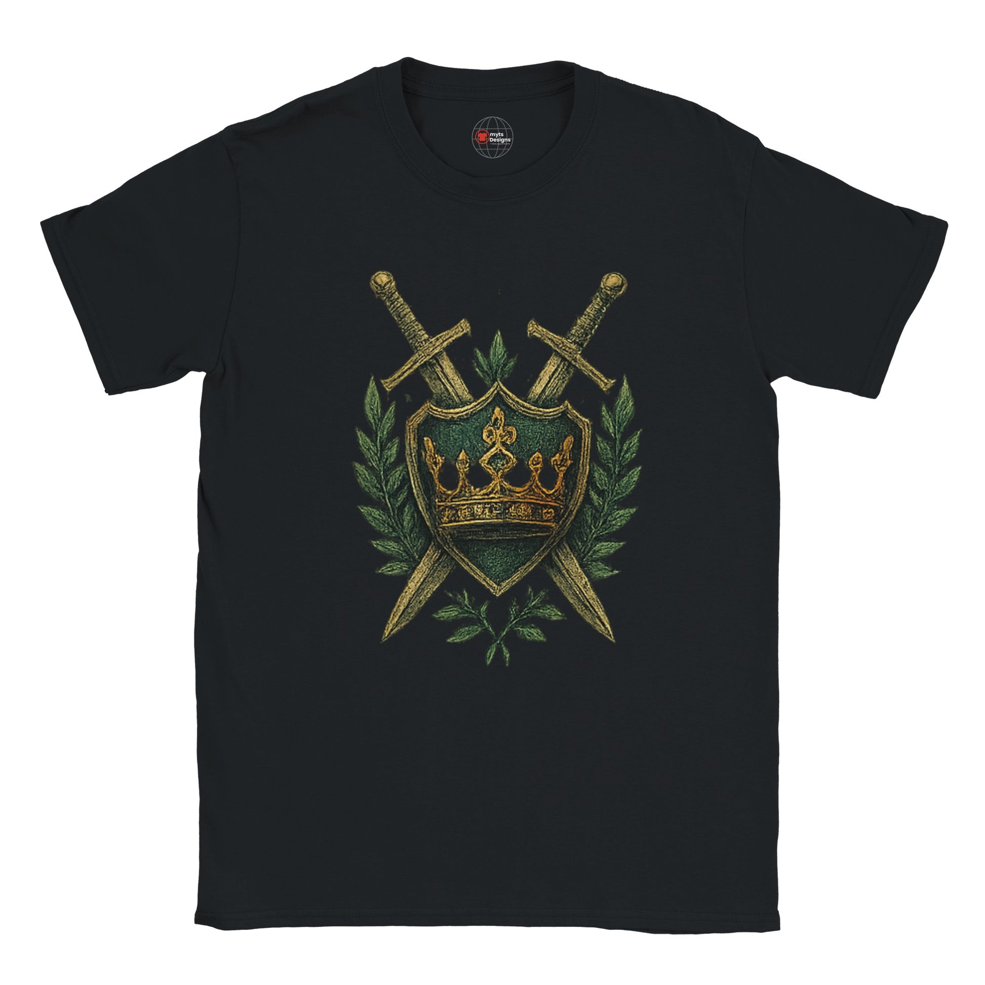 Black t-shirt with a gold and green emblem featuring swords and a crown on a white background