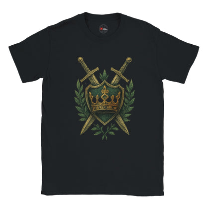 Black t-shirt with a gold and green emblem featuring swords and a crown on a white background