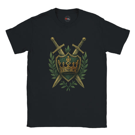 Black t-shirt with a gold and green emblem featuring swords and a crown on a white background