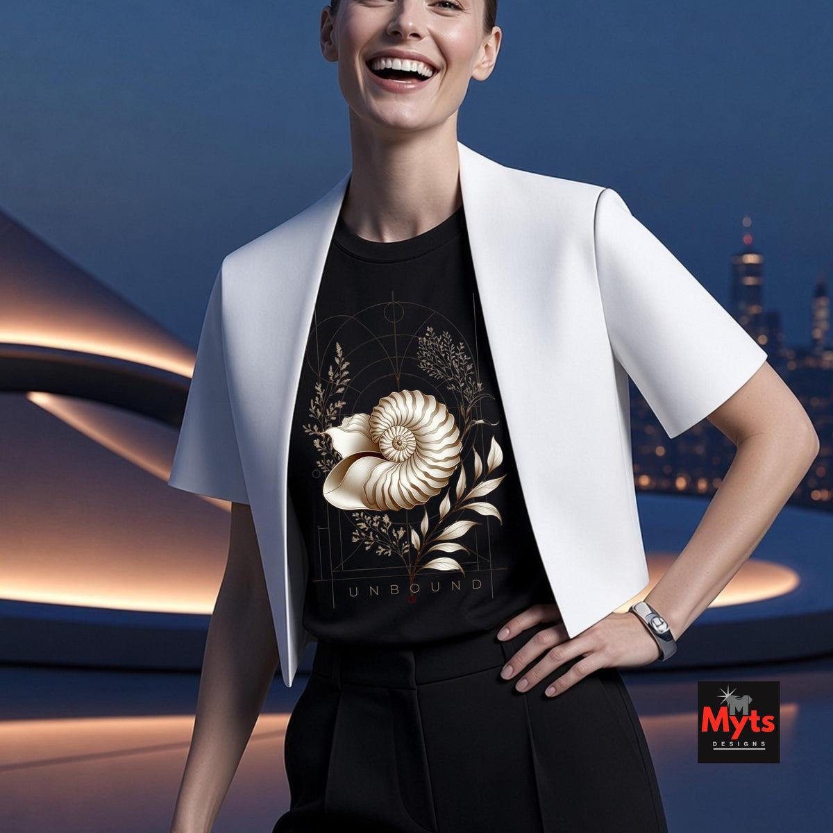 Woman wearing black Unbound Nautilus graphic T-shirt with ivory spiral seashell, botanical leaves and geometric line art, styled with a white blazer.