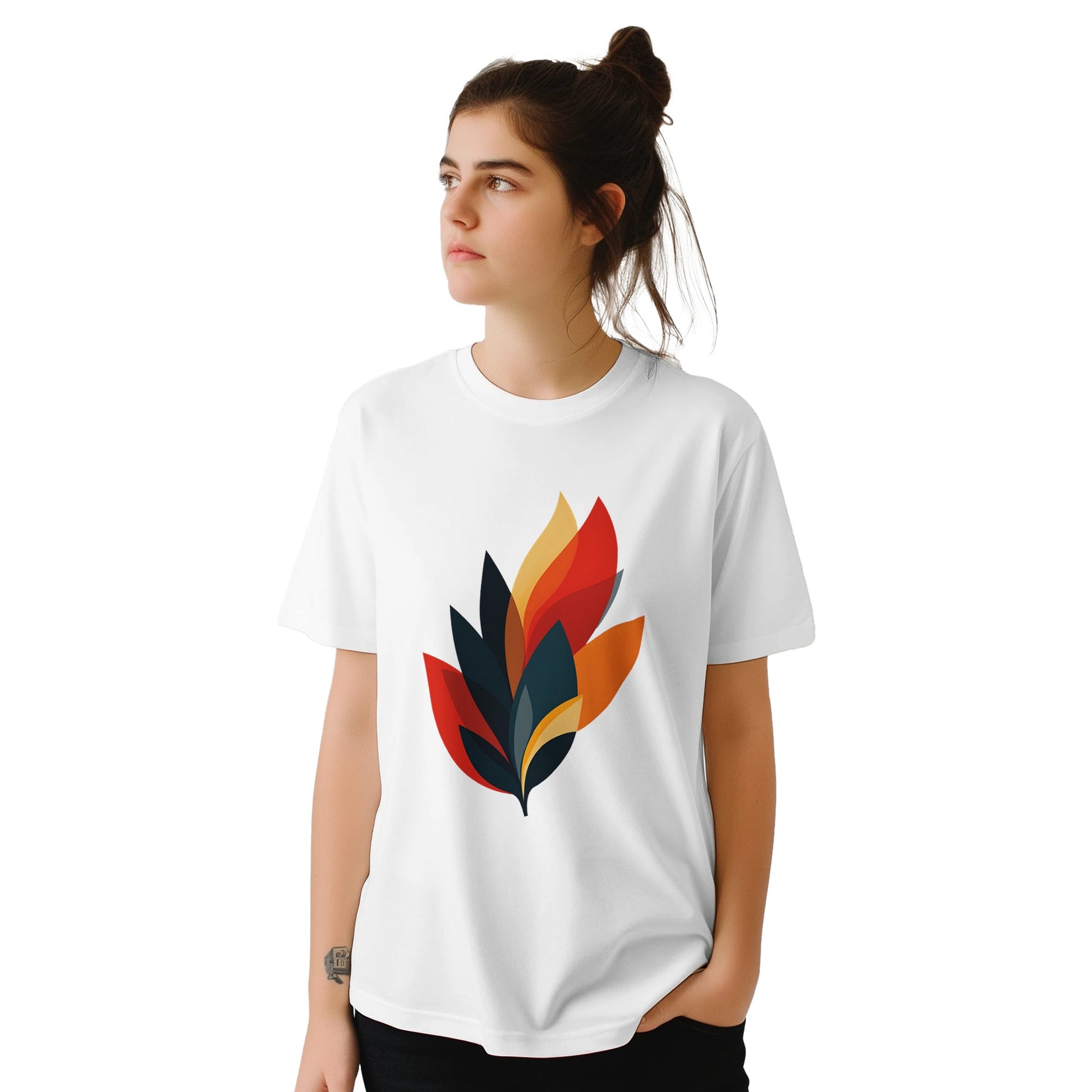 Person wearing a white t-shirt with a colorful leaf design on a white background