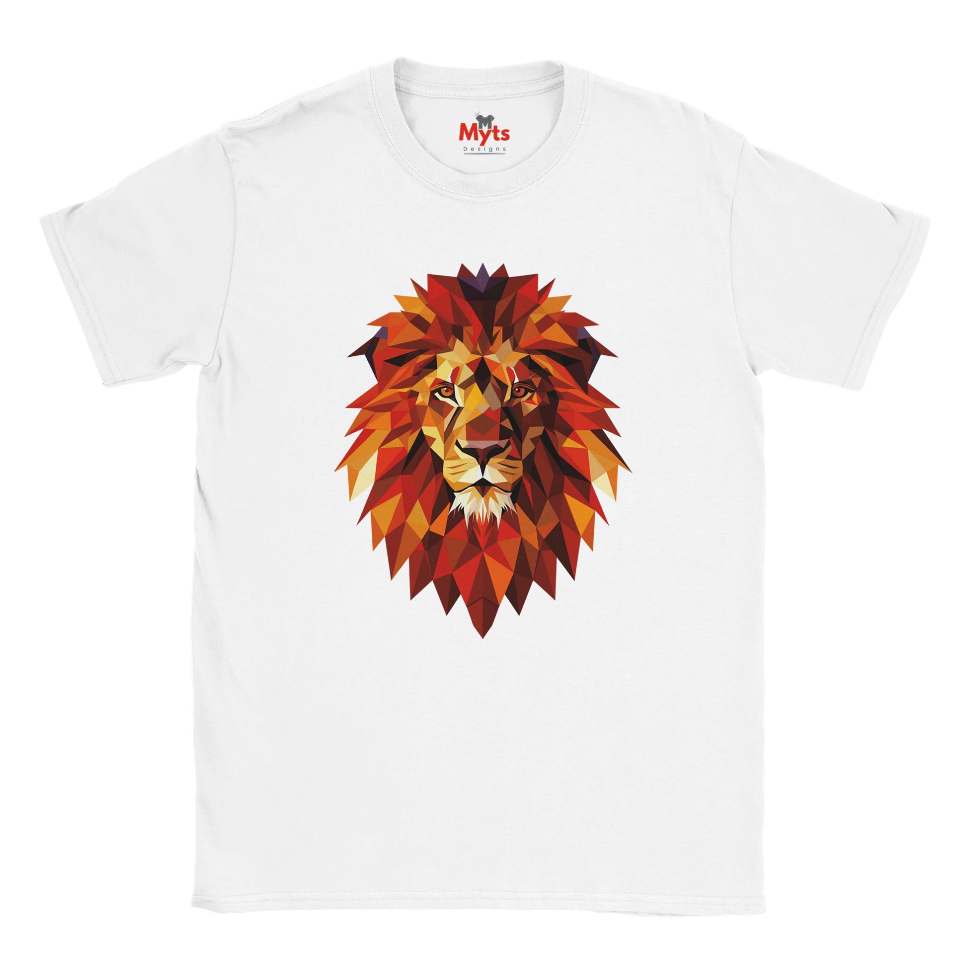 White t-shirt with a colorful lion graphic and 'Myts' branding on a white background