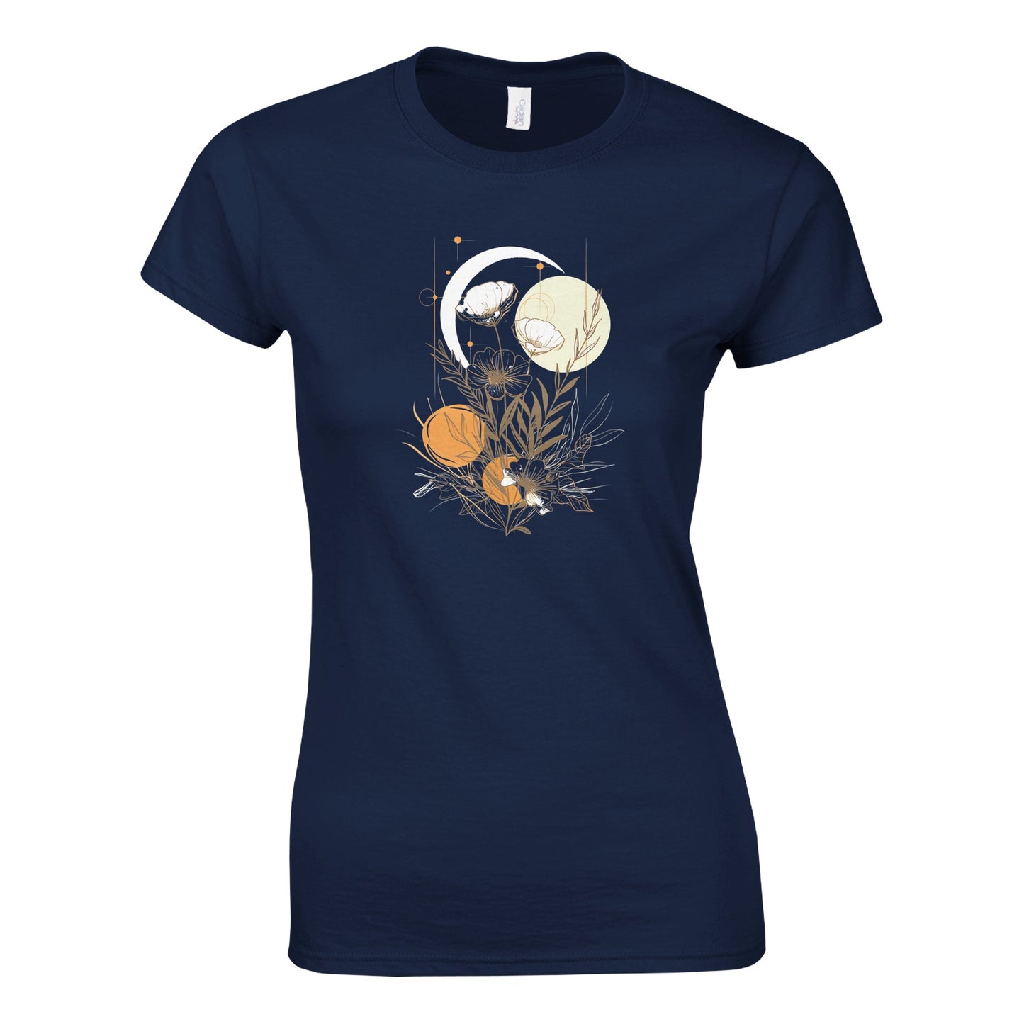 Navy blue t-shirt with celestial design featuring moon, stars, and planets on a white background