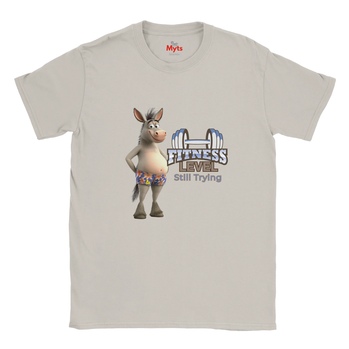 Ice Grey funny fitness T-shirt with floral shorts donkey illustration and motivational Still Trying gym slogan.