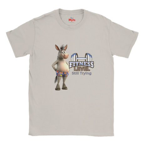 Ice Grey funny fitness T-shirt with floral shorts donkey illustration and motivational Still Trying gym slogan.