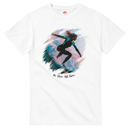 White t-shirt with a graphic of a person in a wetsuit and text on a white background