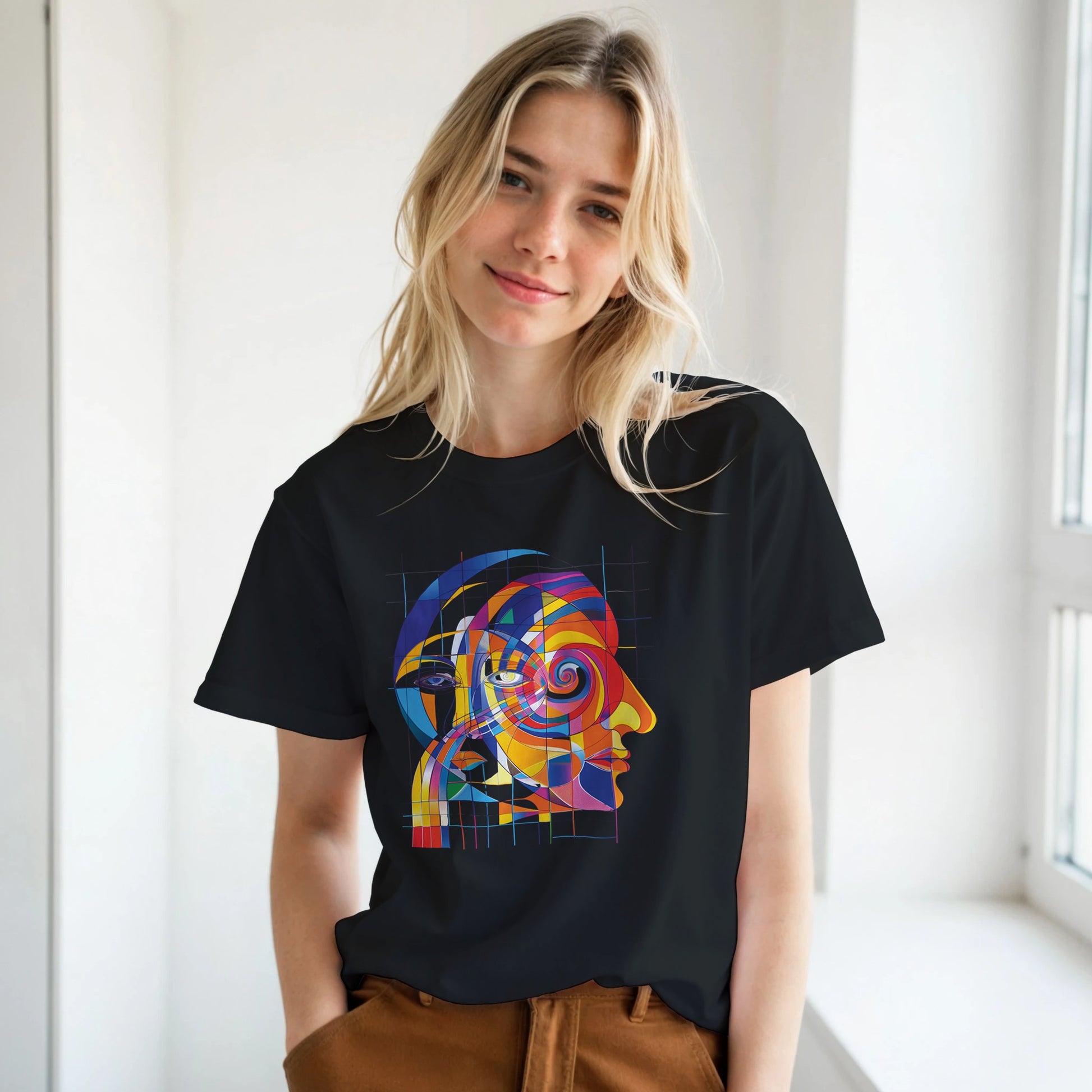 Person wearing a black t-shirt with a colorful abstract design, standing indoors.