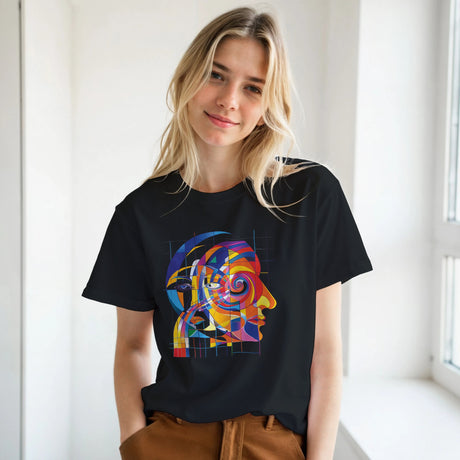 Person wearing a black t-shirt with a colorful abstract design, standing indoors.