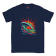 Navy blue t-shirt with a colorful wave design on a white background