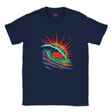 Navy blue t-shirt with a colorful wave design on a white background