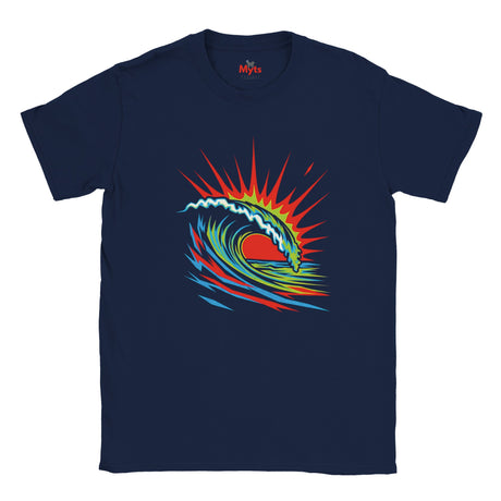 Navy blue t-shirt with a colorful wave design on a white background