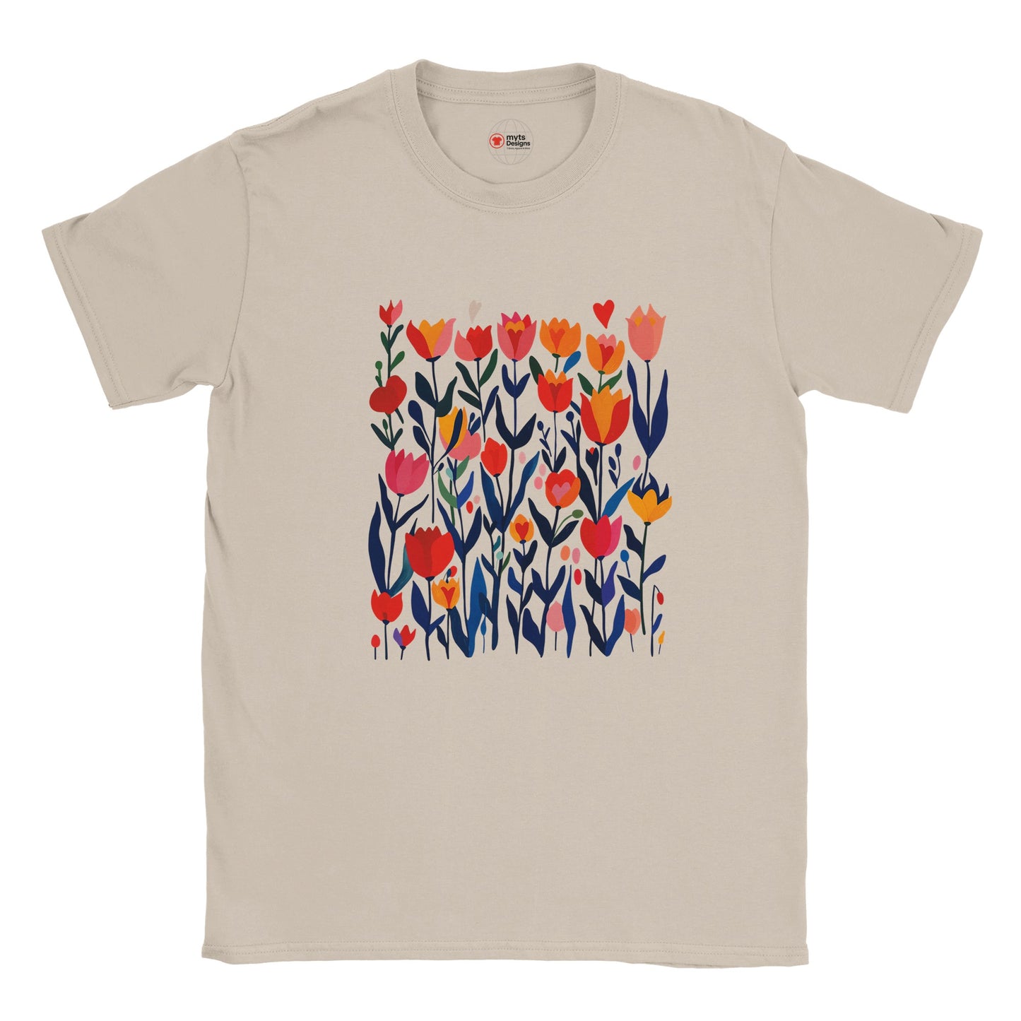 Sand unisex T‑shirt featuring a minimalist poppy design in vibrant reds, pinks, and greens—with clean lines and botanical elegance—against a white background. Soft cotton tee shown flat for clarity.