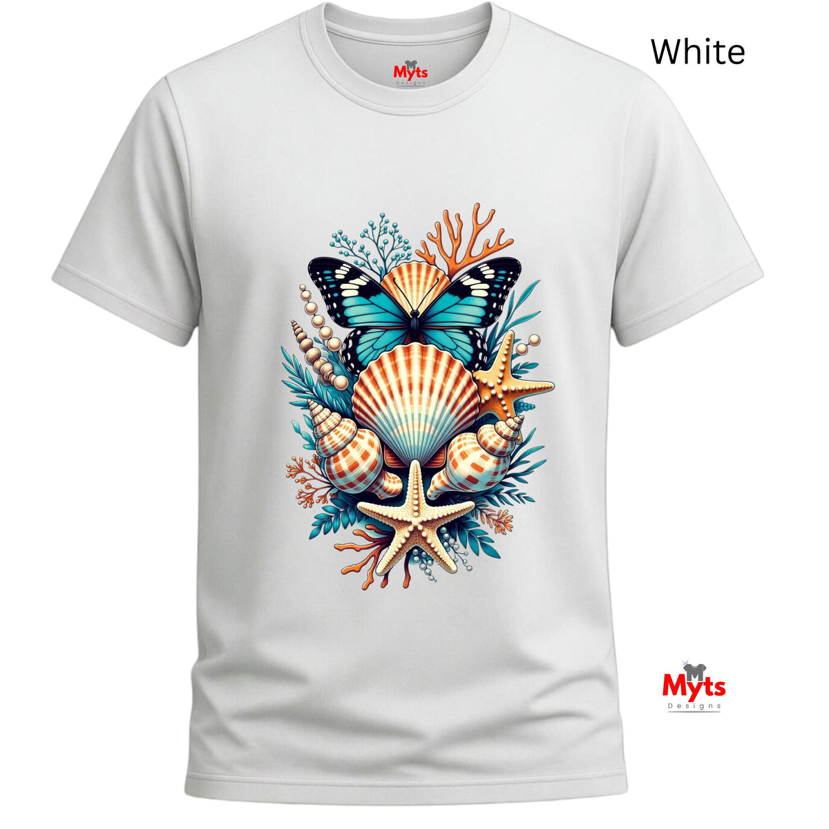 A white short-sleeve crewneck t-shirt featuring a colorful graphic print of a butterfly, seashells, starfish, and coral. The brand name 'Myts' is visible on the inner neck label and as a watermark in the bottom right corner.