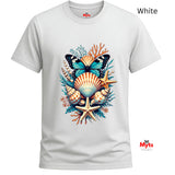 A white short-sleeve crewneck t-shirt featuring a colorful graphic print of a butterfly, seashells, starfish, and coral. The brand name 'Myts' is visible on the inner neck label and as a watermark in the bottom right corner.