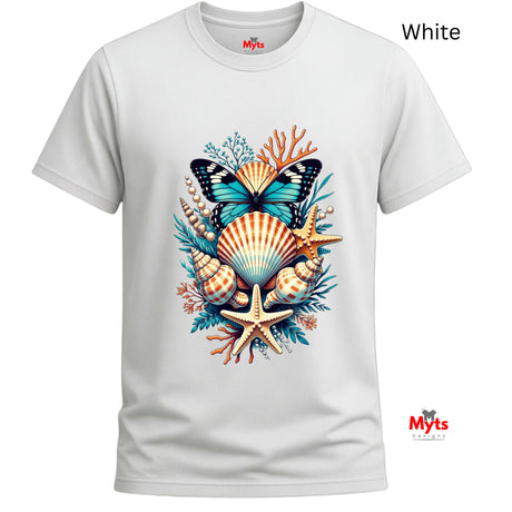 A white short-sleeve crewneck t-shirt featuring a colorful graphic print of a butterfly, seashells, starfish, and coral. The brand name 'Myts' is visible on the inner neck label and as a watermark in the bottom right corner.