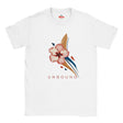 White UNBOUND hibiscus graphic T-shirt with blush-pink flower, abstract blue and beige shapes and coral lettering.