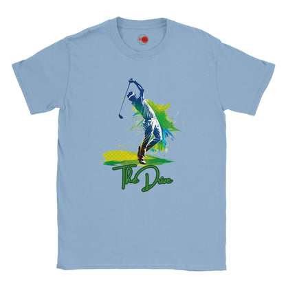 Light blue t-shirt with a graphic of a golfer and 'The Drive' text on a white background
