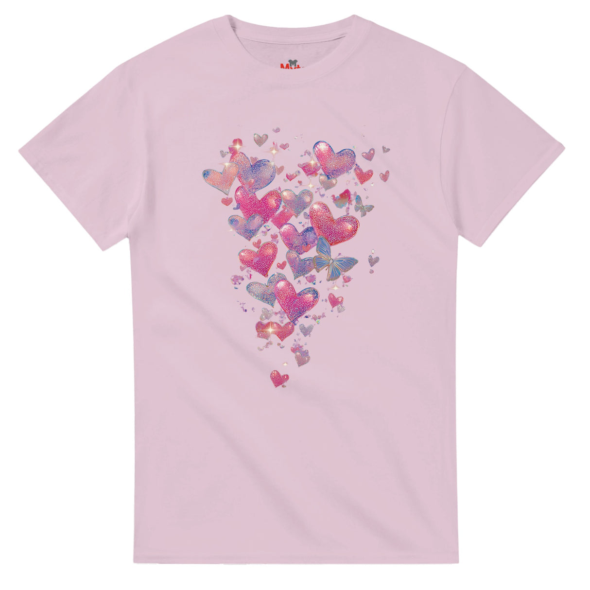 Pink t-shirt with colorful heart design on a white background