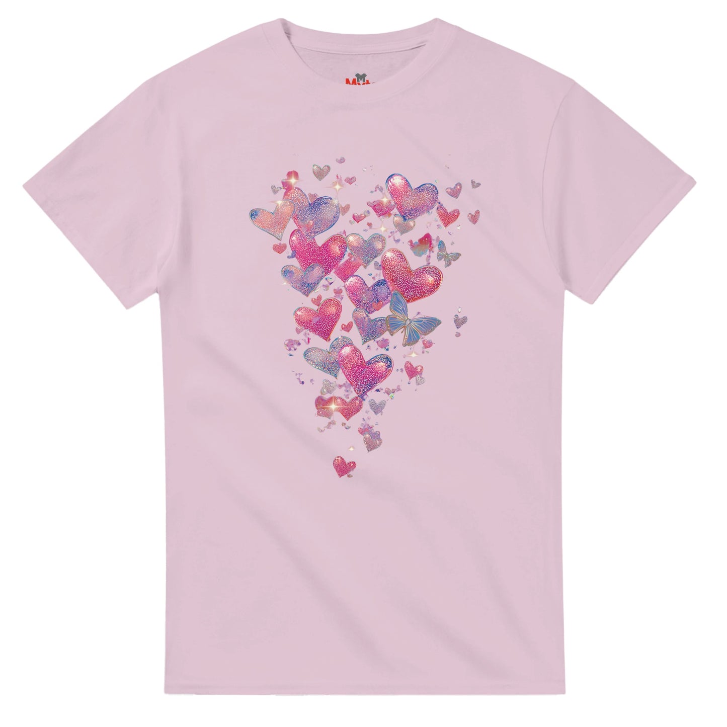 Pink t-shirt with colorful heart design on a white background
