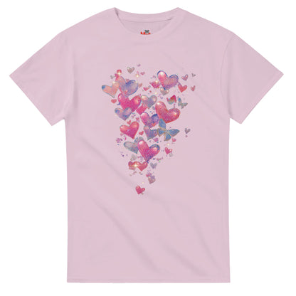 Pink t-shirt with colorful heart design on a white background