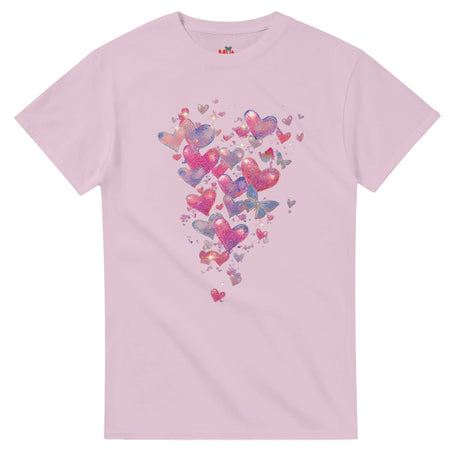 Pink t-shirt with colorful heart design on a white background