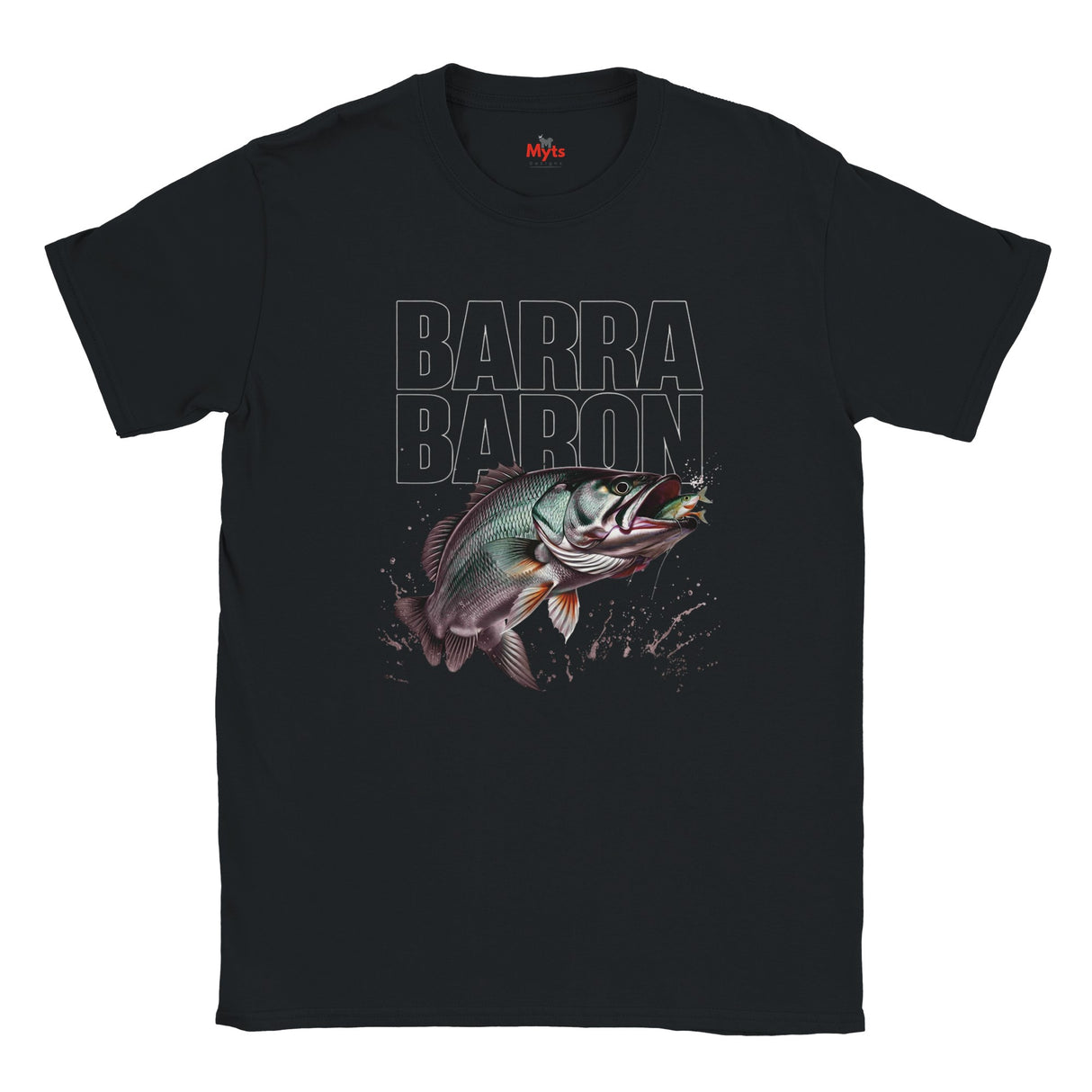 Black t-shirt with a fish graphic and 'Barra Baron' text on a white background