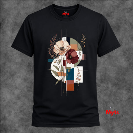 A black short-sleeve crewneck t-shirt with a central abstract floral graphic print, displayed against a textured gray background. The graphic features cream, burgundy, and brown botanical elements over geometric shapes.