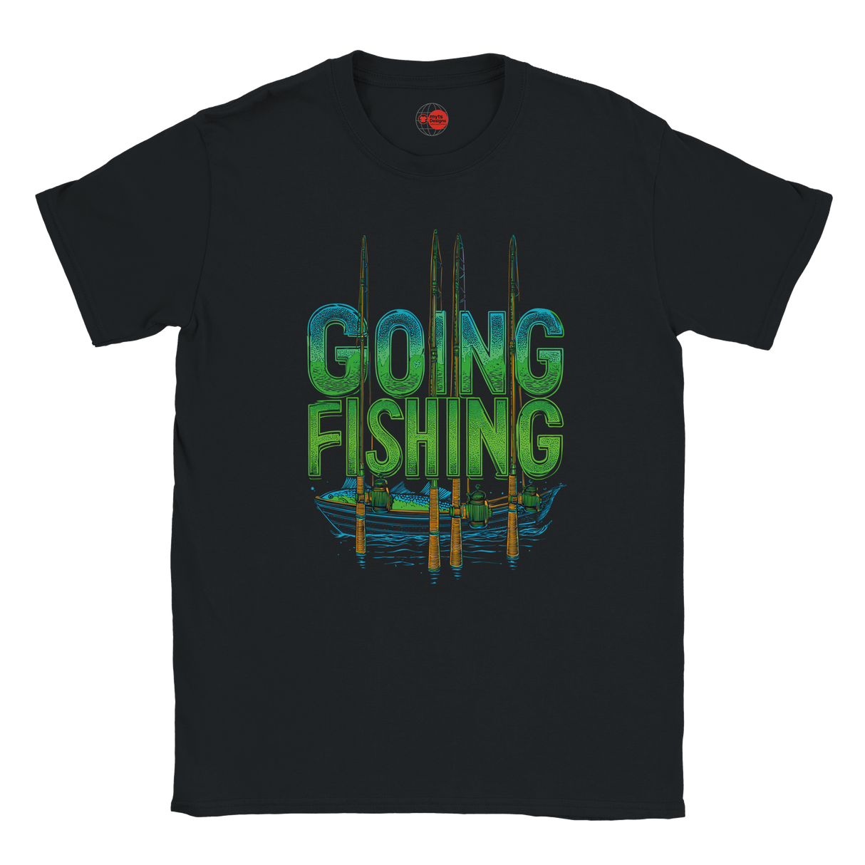 Black t-shirt with 'Going Fishing' graphic design on a white background