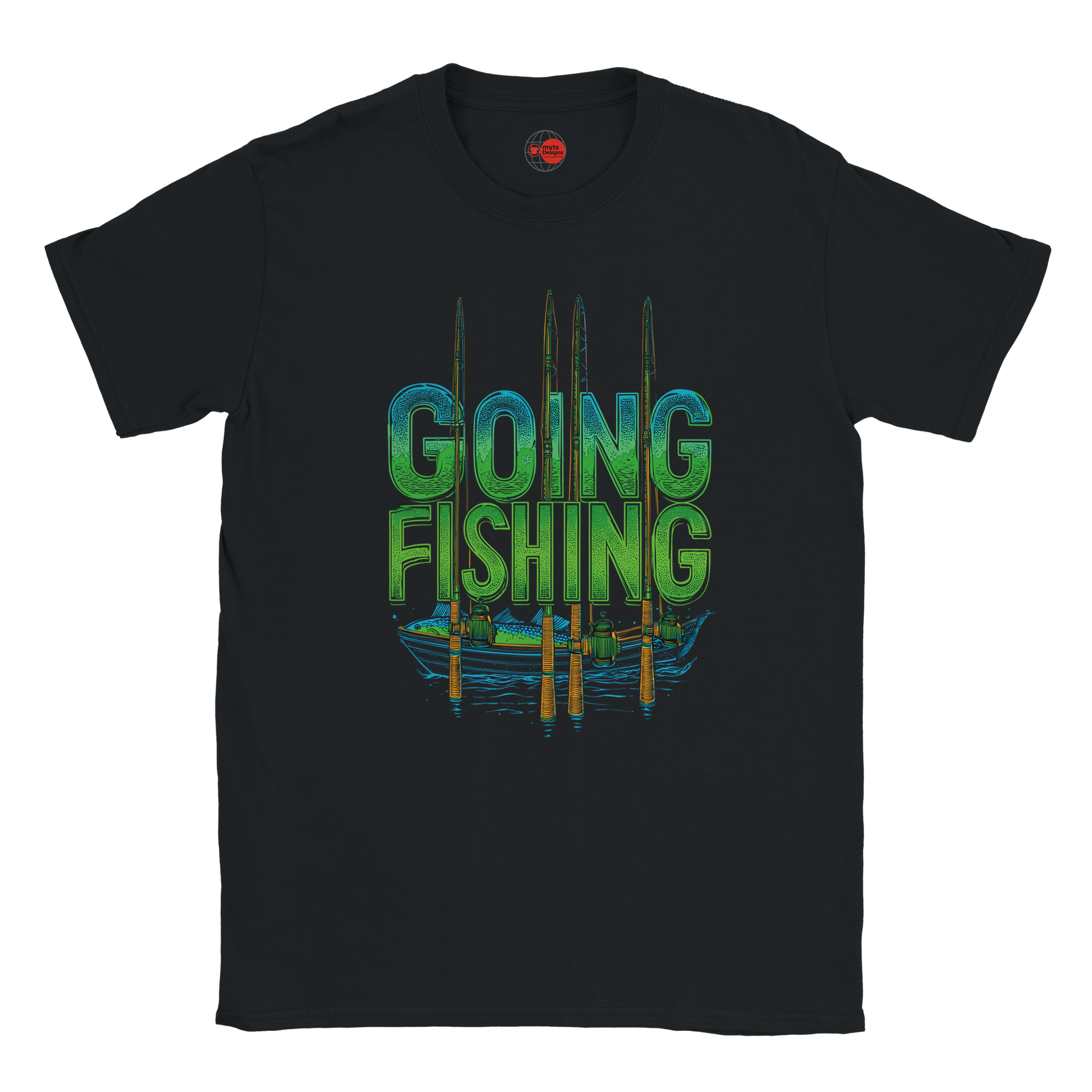 Black t-shirt with 'Going Fishing' graphic design on a white background
