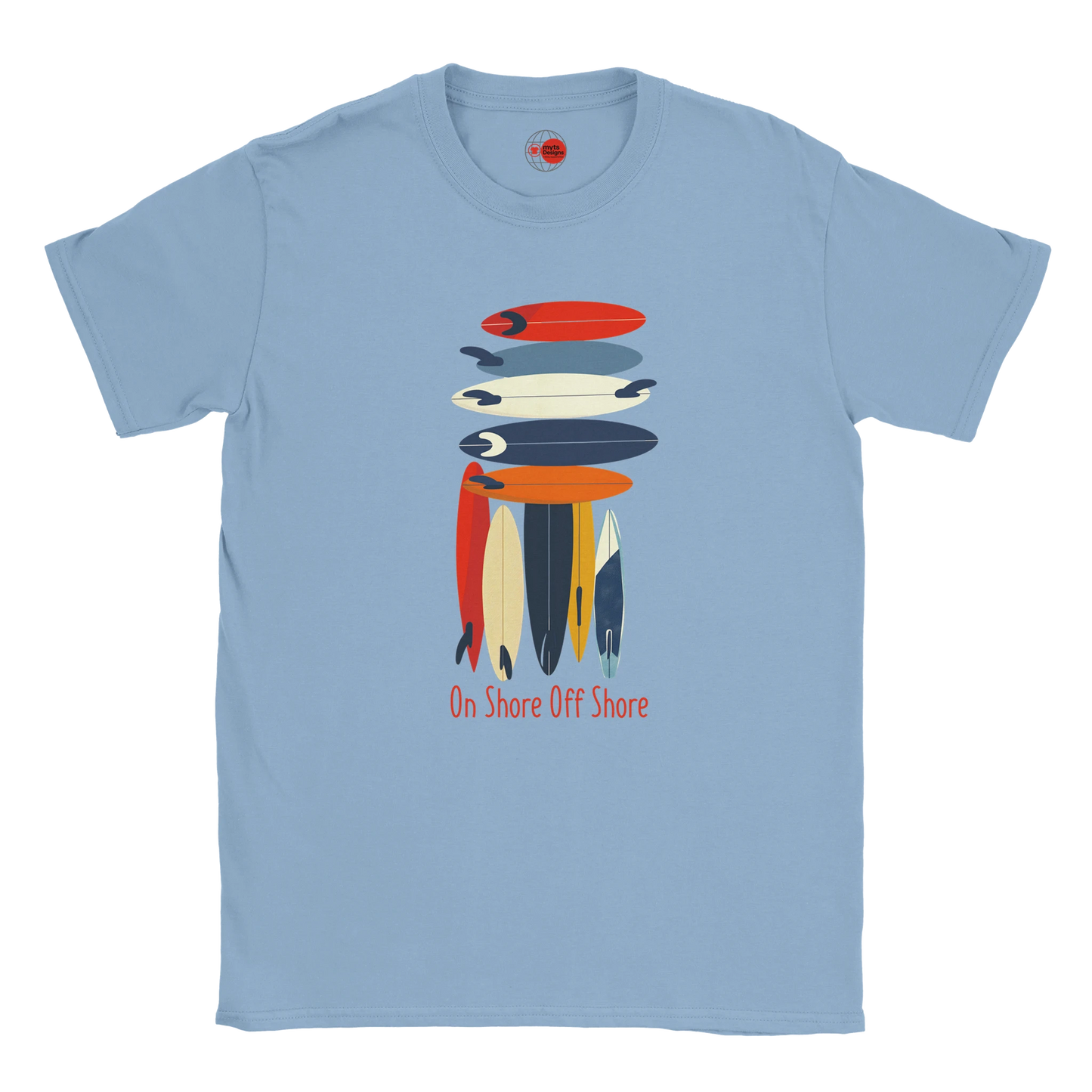 Light blue t-shirt with colorful surfboard graphic and text on a white background