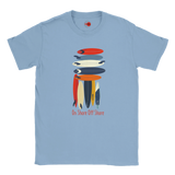 Light blue t-shirt with colorful surfboard graphic and text on a white background