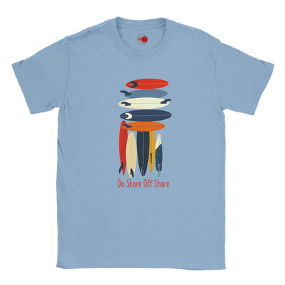 Light blue t-shirt with colorful surfboard graphic and text on a white background