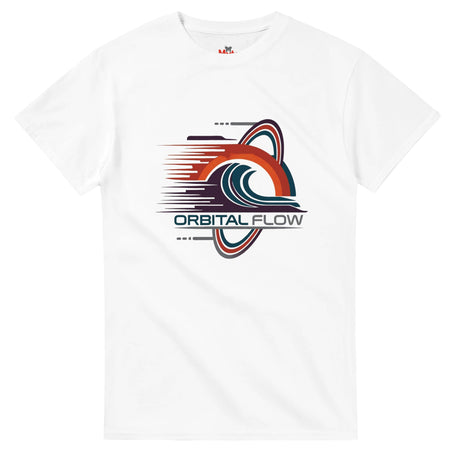 White t-shirt with 'Orbital Flow' graphic design on a white background