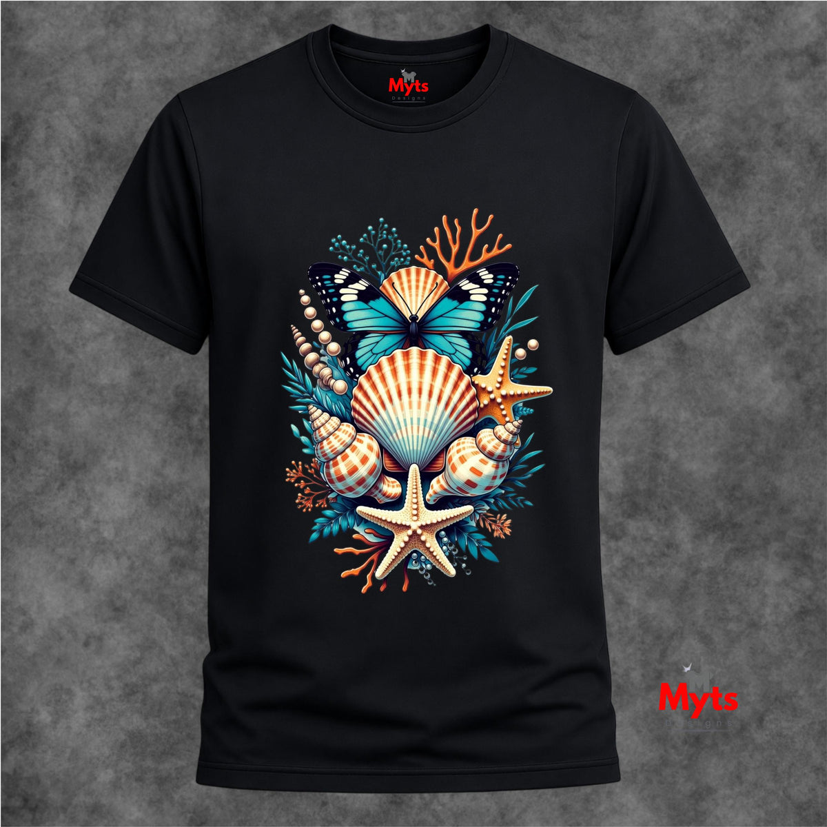 A black short-sleeve crewneck t-shirt featuring a colorful graphic print of seashells, a starfish, a butterfly, and coral on the front, displayed against a textured gray background.