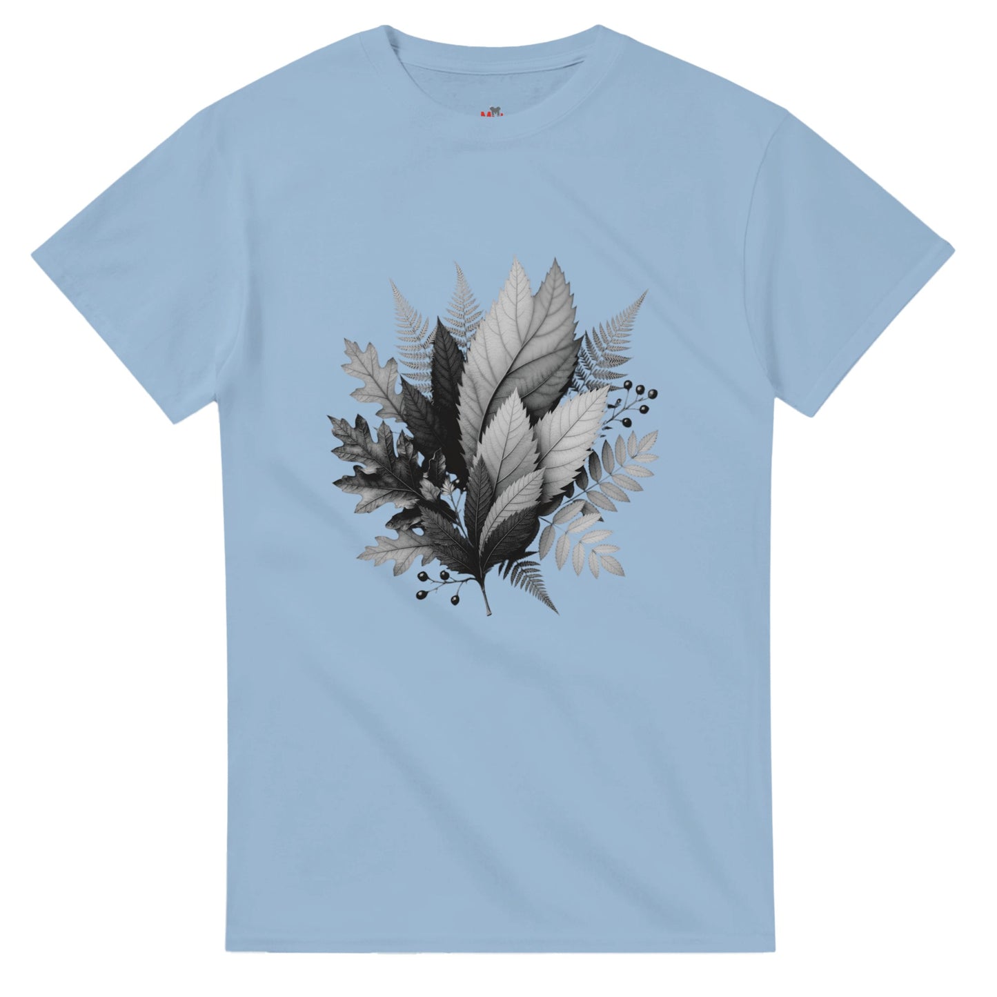 Light blue t-shirt with black and white leaf design on a white background