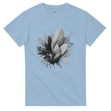 Light blue t-shirt with black and white leaf design on a white background