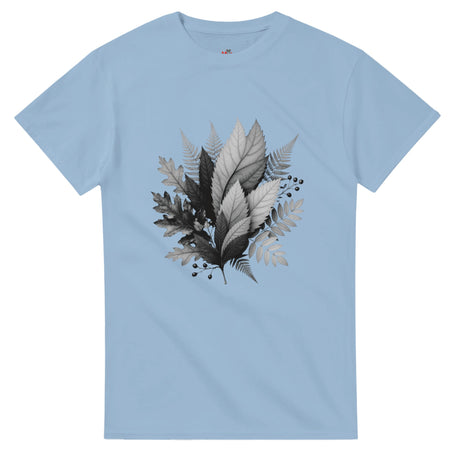 Light blue t-shirt with black and white leaf design on a white background