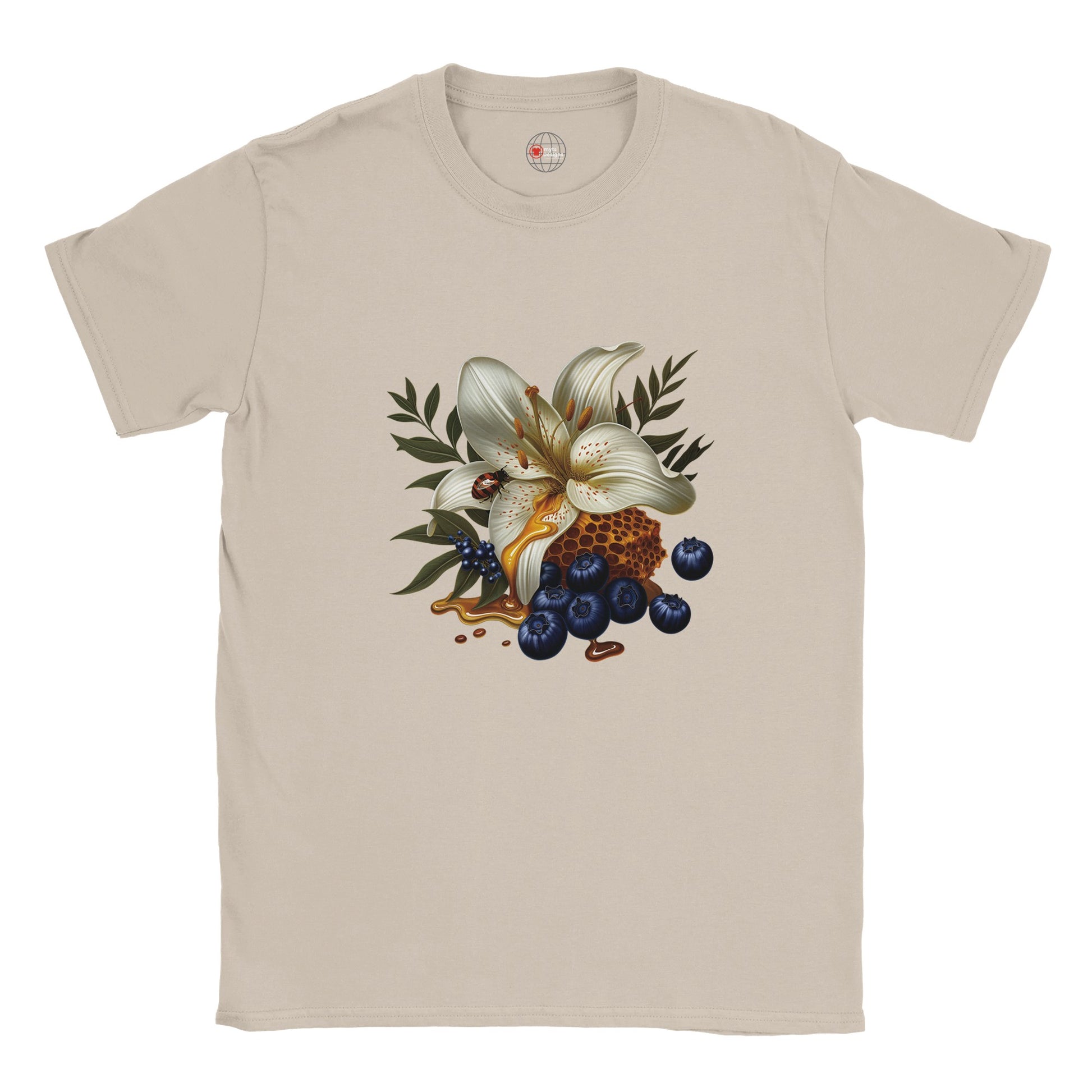 Beige t-shirt with a floral and berry design on a white background