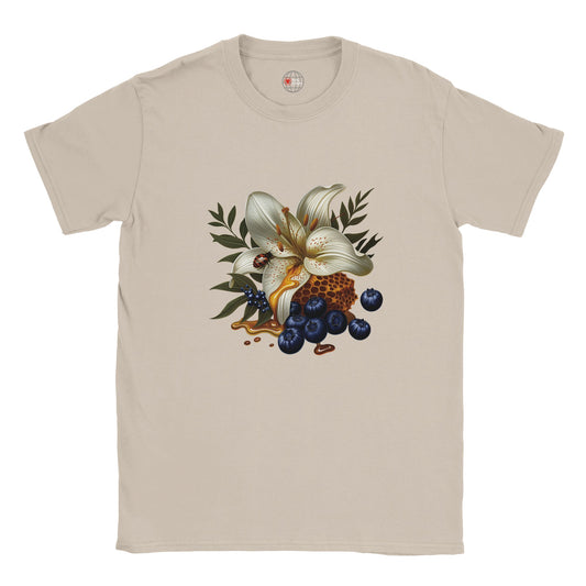Beige t-shirt with a floral and berry design on a white background