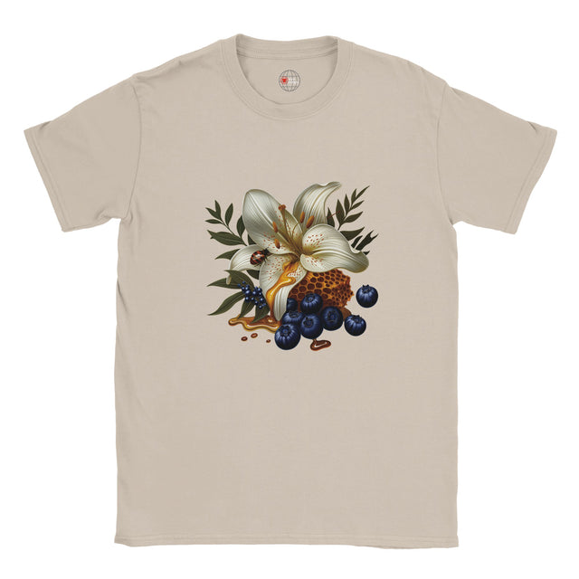 Beige t-shirt with a floral and berry design on a white background