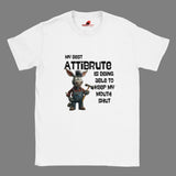 A white t-shirt with a graphic of a donkey and the text 'MY BEST ATTRIBUTE IS BEING ABLE TO KEEP MY MOUTH SHUT' printed on it.