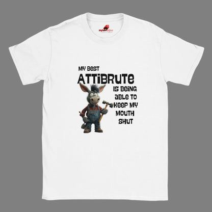 A white t-shirt with a graphic of a donkey and the text 'MY BEST ATTRIBUTE IS BEING ABLE TO KEEP MY MOUTH SHUT' printed on it.