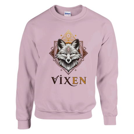 Light Pink sweatshirt with graphic design of vixen fox brand 'Gildan' visible.
