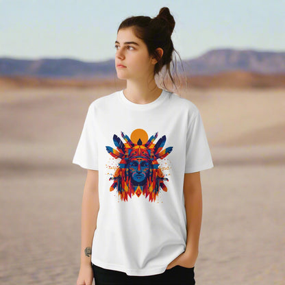 A young woman wearing a white T-shirt with American Indian-style geometric vector design on cotton fabric – soft unisex fit
