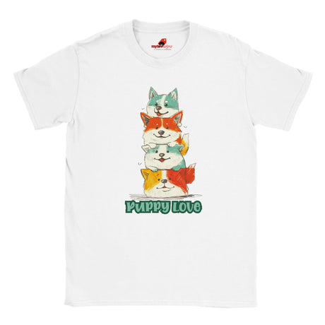 A flat lay white T-shirt featuring a colorful graphic of four stacked cartoon puppies in teal, orange, cream, and yellow shades with the words “Puppy Love” in playful green text below

White shirt