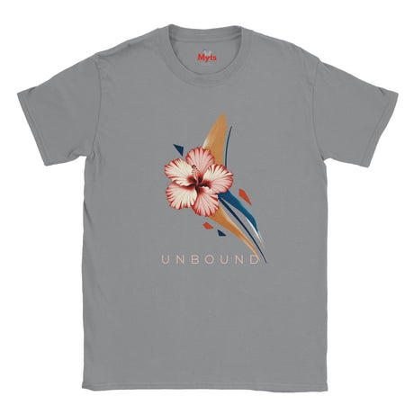 Sports Grey T-shirt displaying a pink hibiscus flower with sweeping navy and gold abstract shapes and UNBOUND lettering.